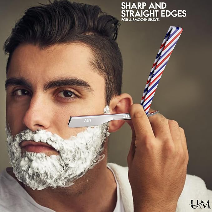 UM Supplies Straight Razors for Men – Professional Barber Straight Edge Razor Kit with 10 Replaceable Insert Single Edge Blades - Navajas Para Barbero Barber Pole Design (Red, White, Blue)