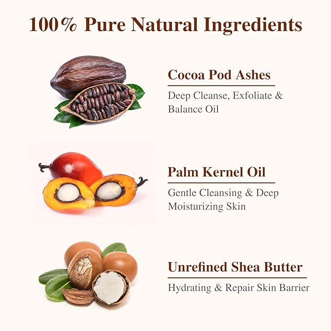 African Black Soap, 100% Pure & Natural, For Face & Body Fight Acne, Eczema & Oily Skin, With Raw Shea Butter, Palm Kernel Oil & Cocoa Pod Ash, 8 Oz