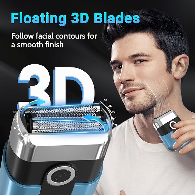 Electric Foil Shavers for Men: Mini Electric Razor, Foil Shaver for Face, IPX7 Waterproof Wet Dry Cordless Razor with 3 Floating Blades, LED Display for Travel & Home, USB Type C (Blue)