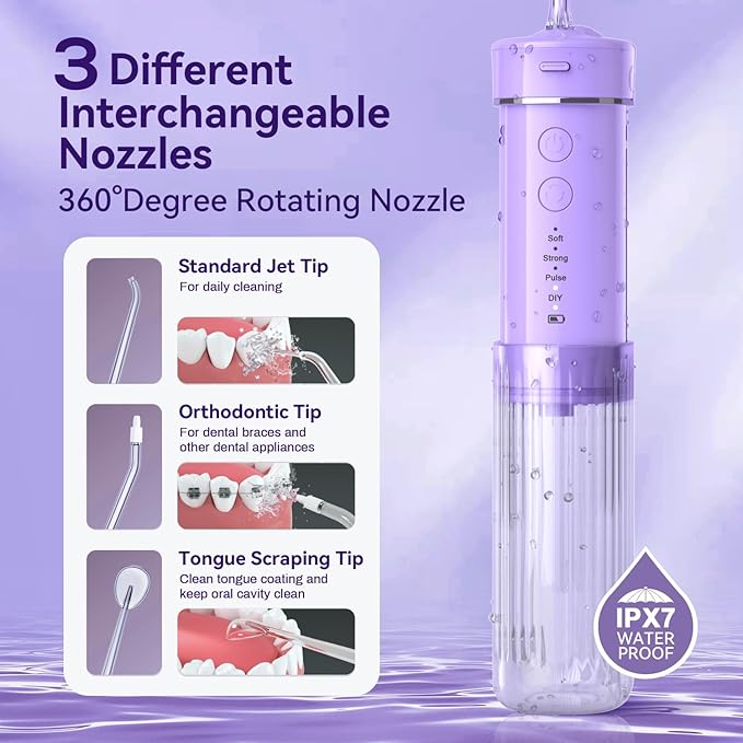 Portable Travel Water Flosser, Water Teeth Cleaner Pick,Mini Portable Oral Irrigator, Telescopic Water Tank, 5 Nozzles, IPX7 Waterproof, Cordless Water Flosser for Teeth, Gums