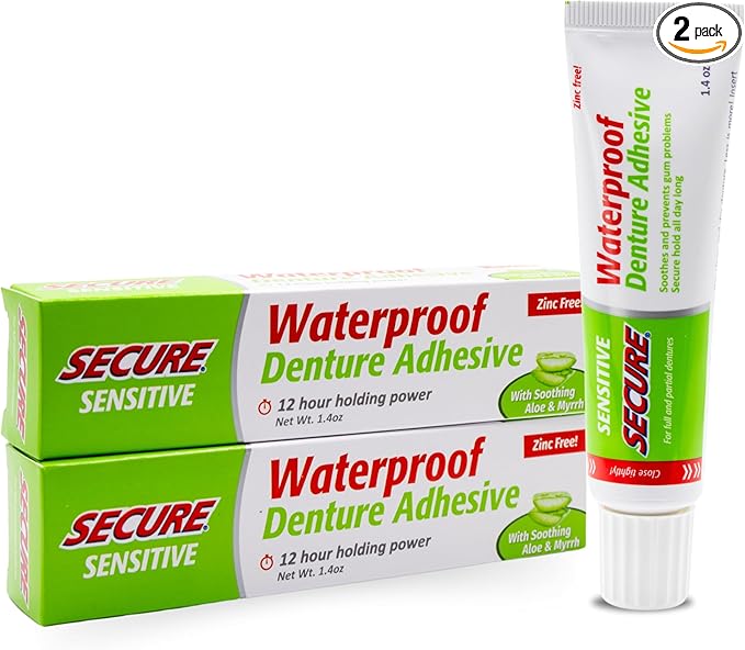 Secure Sensitive Denture Adhesive with Aloe Vera & Myrrh to Nourish Your Gums – Uppers, Lowers & Partials - Waterproof & Zinc Free - Food Grade Ingredients - Less Adhesive, More Hold - 1.4 oz (2 Pack)