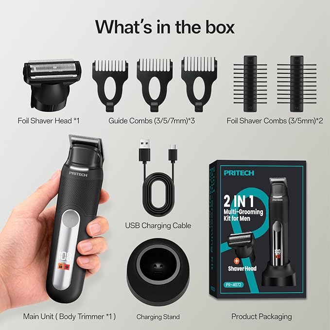 PRITECH Body Hair Trimmer for Men, Dual-Head Public Trimmer & Foil Shaver - Waterproof Electric Razor for Men Wet/Dry Groomer, USB-C Rechargeable Ball Shaver with Ceramic Blades & Travel Lock, Black