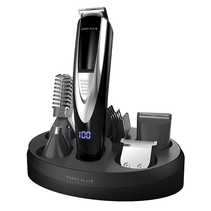 Perry Ellis 16-Piece Men’s Grooming Kit with Rechargeable Beard Trimmer & Electric Razor, Nose & Ear Hair Trimmer, Foil Shaver Head, LED Display, Charging Dock