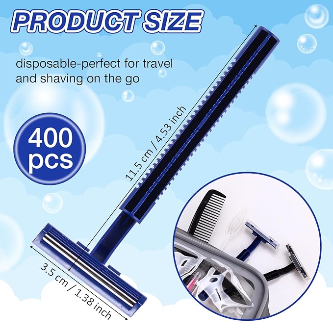Lasnten 400 Pcs Disposable Razors Bulk Individually Wrapped Twin Blade Razors with Clear Safety Cap Stainless Steel for Women Men Hotel Shelter Homeless Nursing Home(Black, Blue)