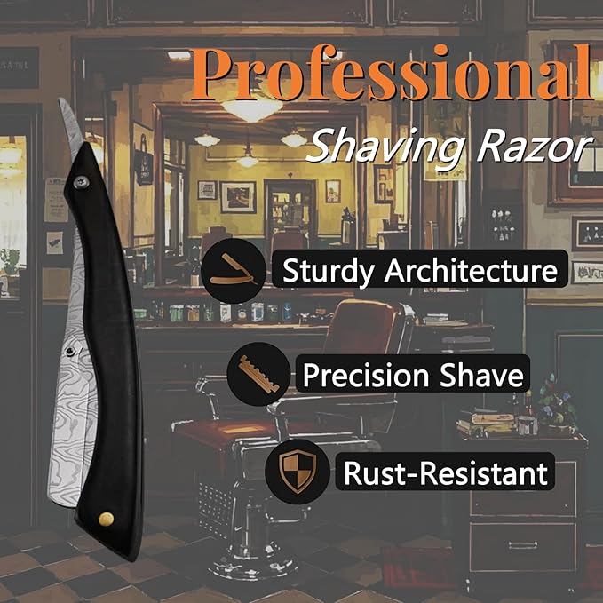 Straight Razor For Men - Premium Stainless Steel Barber Shaving Kit With Wooden Handle & Safety Guard, Single Blade Precision For Smooth Shaving With 10 Blades, Brown Spider Wood Handle, Black
