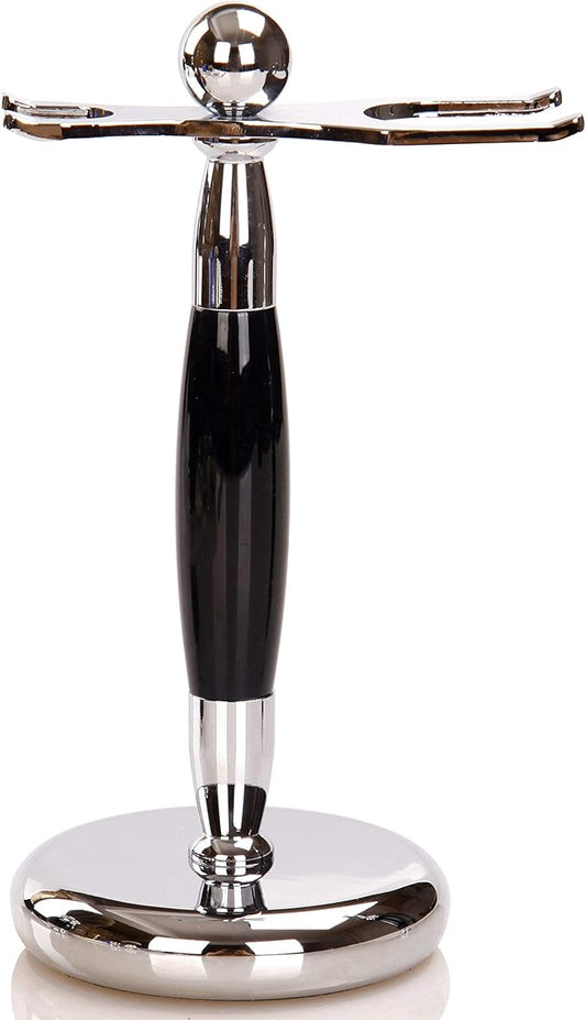 SANWA Deluxe Stainless Steel Shaving Brush Stand Holder for Razor & Brush Weighted Base Black Handle