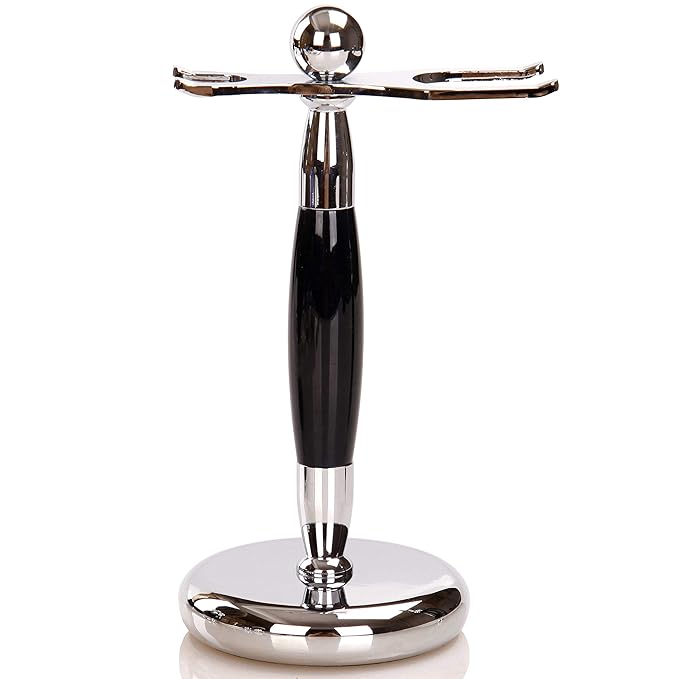 SANWA Deluxe Stainless Steel Shaving Brush Stand Holder for Razor & Brush - Extra Wide Openings, Weighted Base Black Handle