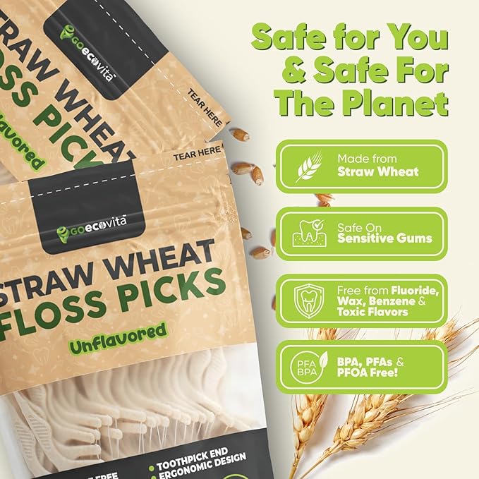 Dental Floss Picks - Straw Wheat Flossers | Thin & Shred-Resistant Thread for Tight Gaps | Flossers for Adults | Gentle on Gums & Teeth | Gluten-Free & Vegan (100 Pack, Unflavored)