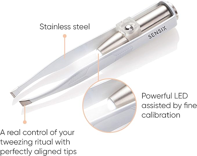 Sensica Lighted Tweezers for Women Facial Hair – LED Light Up Tweezers for Precision Eyebrow Plucking – Slant Tip Stainless Steel Tweezer with Long Arms & 3 Extra Batteries – Facial Hair Removal Tool