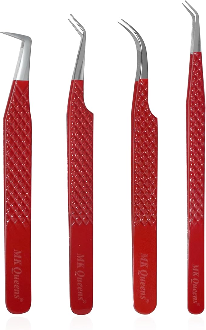 Lash Tweezers - Stainless Steel Fiber Tip Eyelash Tweezers (Set of 4) - Diamond Grip Professional Lash Tweezers for Eyelash Extensions (Red)