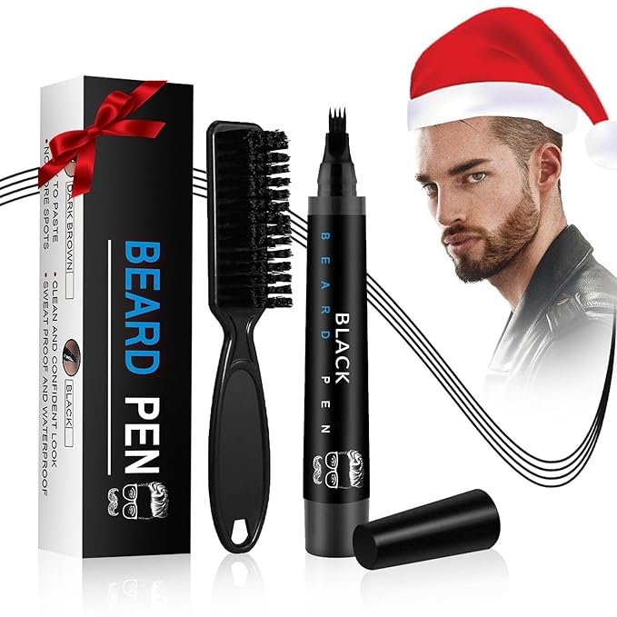 Beard Pencil Filler for Men Black, Beard Pen with Beard Brush, Barber Pencil Long-Lasting & Waterproof Mens Grooming Kits for Fuller & Defined Looking Mustache, Gifts for Men, Mens Gifts Ideas (Black)