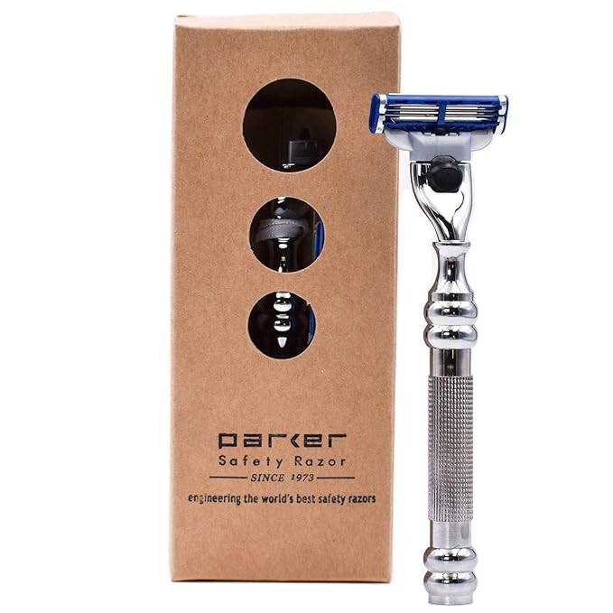 Parker 43M All-Metal Razor,Gillette® Mach 3 Compatible Razorr – Accepts All Gillette® Mach 3 Trriple Blade Cartridge Refills – Deluxe Brass-Frame, 1 Refill Cartridge Included (CHROME)