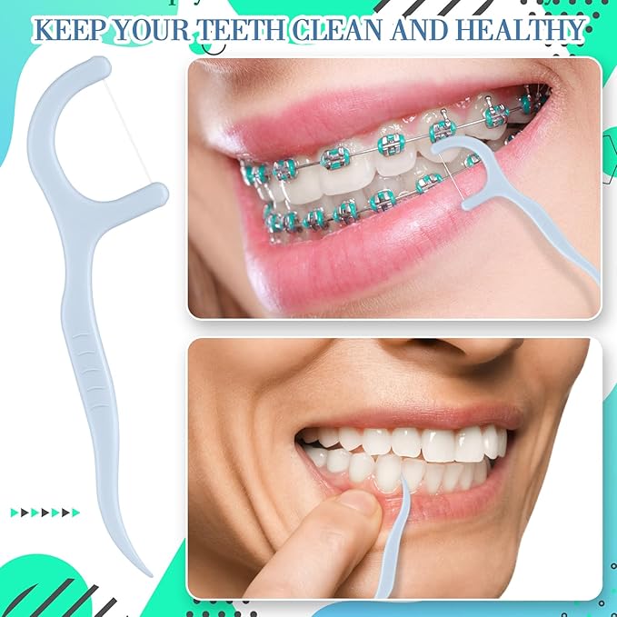 Baderke 200 Count Floss Picks Bulk Non Breakable Tooth Picks Flosser Dental Floss Sticks for Adults Teeth Cleaning Dental Flossers for Family Pack Travel (Light Blue)