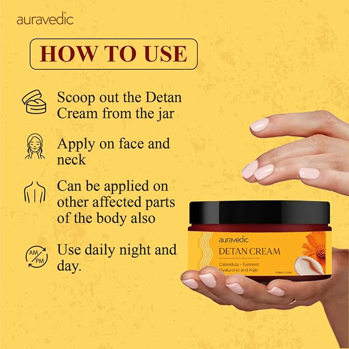 Auravedic De Tan Face Cream with Turmeric, Papaya & Calendula | Hydrating Daily Face Moisturizer for Dull & Sun-Exposed Skin | Lightweight Cream for All Skin Types | 3.53 Oz (100g)