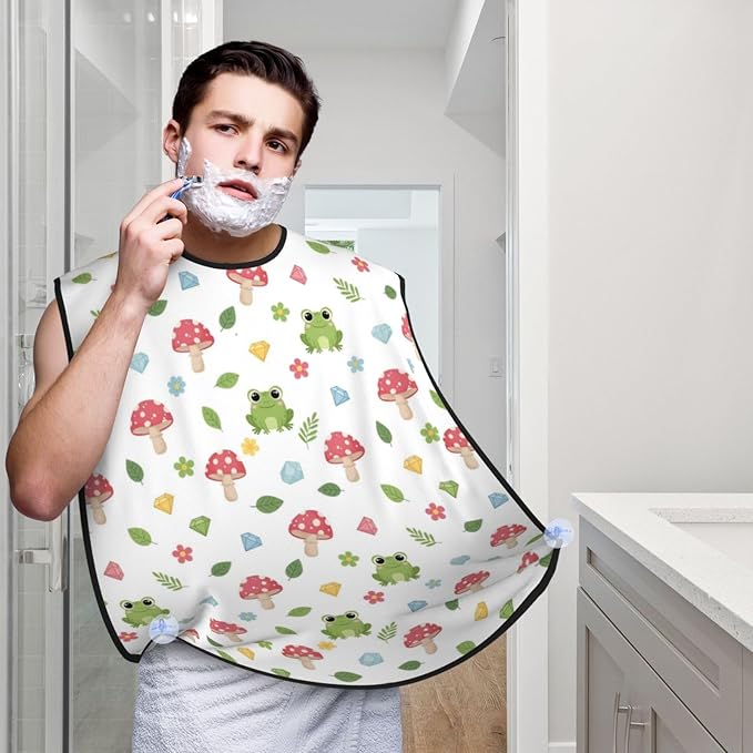 Beard Shaving Cape with Suction Cups, Floral Mushroom Cute Cartoon Green Frog Shave Bib, Non-Stick Waterproof Hair Catcher, Grooming Bib for Men Husband