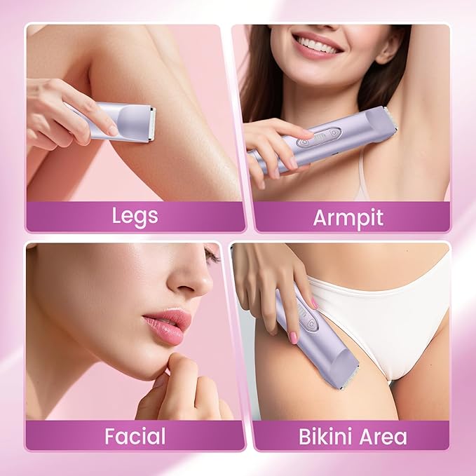 Bikini Trimmer for Women，3 in 1 Electric Razor with Ceramic Blades, IPX7 Waterproof, USB Rechargeable, Painless Hair Removal for Face，Body，Bikini Area, Travel Grooming Kit (Purple)