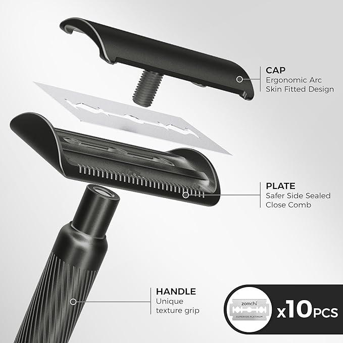 ZOMCHI Safety Razor for Men with 10 Safety Razor Blades, [New Version 2.0 ] Reusable Metal Razor for Men & Women, Single Blade Razor - Matte Black