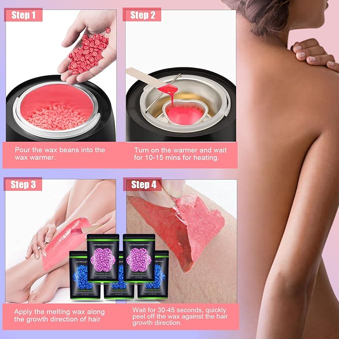 Wax Beads for Hair Removal 1.1 lb (17.6 oz), Hard Wax Beads for Sensitive Skin - Brazilian, Face, Bikini, Legs, Eyebrow, Painless Waxing Beads Kit for Women Men, 5 Packs with 10 Wax Sticks