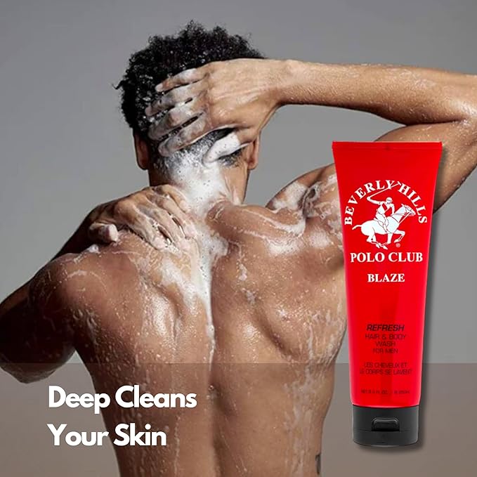 Beverly Hills Polo Club Blaze Men's 2-in-1 Hair & Body Wash - Luxury Cleansing, Invigorating Refreshment & Long-Lasting Designer Scent for Daily Confidence, 8.5 oz