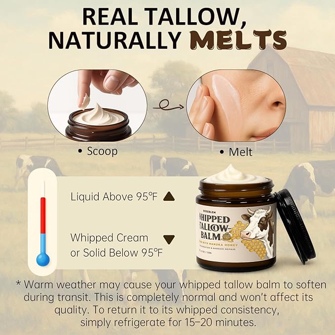 Whipped Tallow Balm for Face – 100% Grass-Fed Organic Beef Tallow Cream with Manuka Honey & Beeswax – Body & Face Moisturizer for Sensitive Skin, Nourishing & Repairing, 4.2 oz