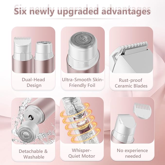 Bikini Trimmer for Women 2-in-1 Electric Shaver and Razors IPX8 Waterproof for Wet & Dry Use Painless Hair Trimmer Removal for Body, Underarms, Legs and Face Rechargeable for Sensitive Skin