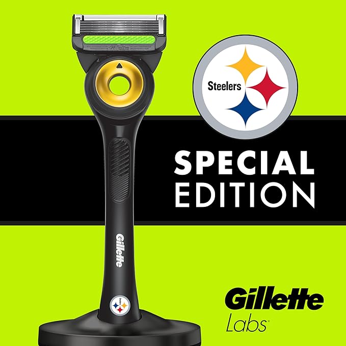Gillette Labs Special NFL Steelers Edition Shaving Razor for Men - 1 Handle, 4 Razor Blade Refills & Magnetic Stand, Holiday Gifts for Men, GilletteLabs with Exfoliating Bar