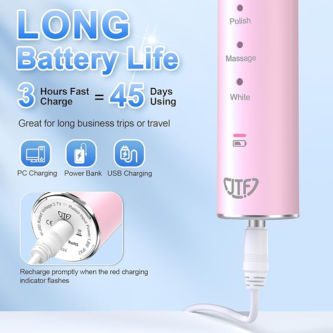 JTF Sonic Electric Toothbrush for Adults & Kids: 5 Modes for Sensitive Teeth, Effective Yet Gentle Cleaning - with 8 Brush Heads & Smart Timer, Rechargeable Portable for Daily Care, Home & Travel Use