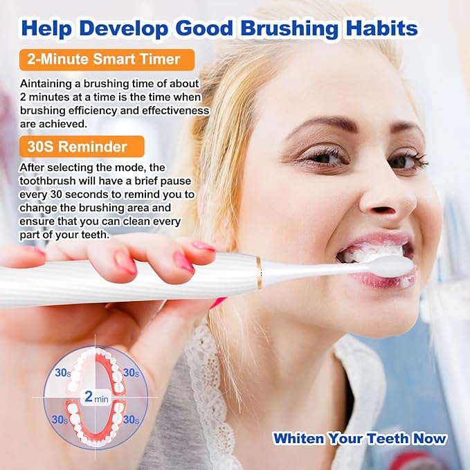 FXQQZZ Electric Toothbrush for Adults and Kids, with Tongue Scraper and Travel Case, 8 Brush Head, Smart Timer & 4 Modes Rechargeable Toothbrush, 42000 VPM Deep Clean, One Charge Last 90 Days - White