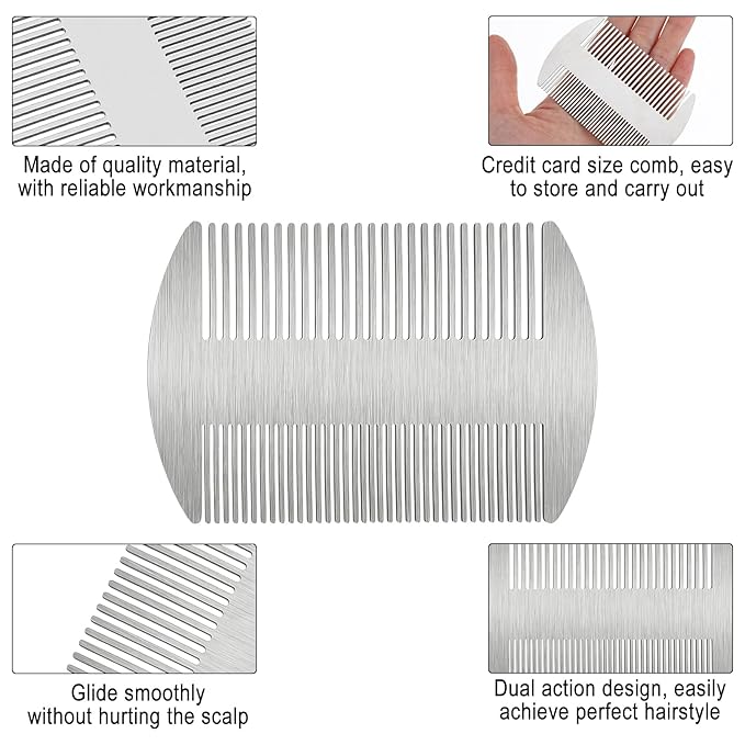 Mabor 2PCS Stainless Steel Comb, Metal Beard & Hair Comb for Men - Credit Card Size Pocket Combs for Travel, Grooming