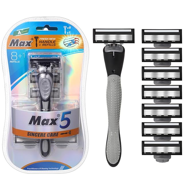 9 Pcs Refillable Men's Razors Kit Holiday Shaving Kit 5 Blade Disposable Sensitive Skin Razor for a Comfortable Shave, 1 Handles and 8 Cartridges