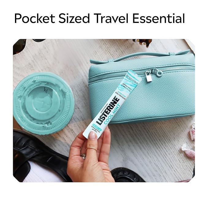 Listerine On-The-Go Cool Mint Alcohol Free Mouthwash Packets, Oral Rinse in Individual Packets Kills Bad Breath Germs, Less Intense Taste, Cool Mint Flavor, Mini Travel Size, 0.33 fl oz. Pack of 5
