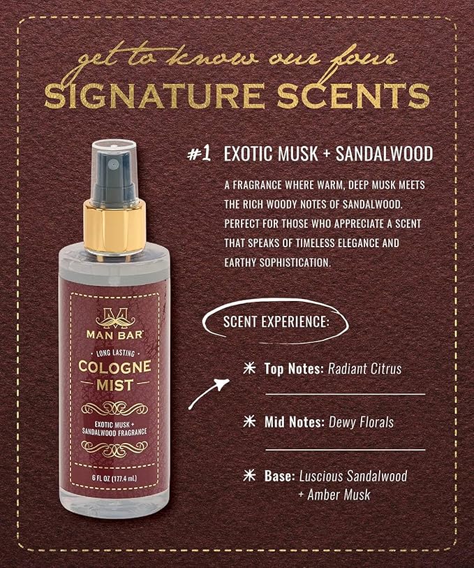 San Francisco Soap Company MAN BAR Cologne Mist Exotic Musk and Sandalwood - Long Lasting - Created with the Man in Mind - 6 fl oz