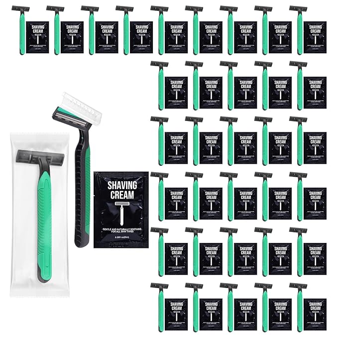 Disposable Razors in Bulk Razors and Shaving Cream Bulk,Shave Kit in Bulk Twin Blade Razors with Protective Cap for Hotel, Airbnb, Homeless, Shelter, Camping and Travel (60)