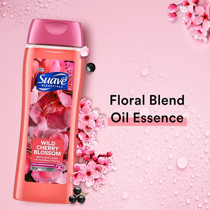 Suave Moisturizing Body Wash, with Wild Cherry Blossom and Vitamin E Extract, No Parabens, No Phtahaltes, 18 Oz Pack of 12