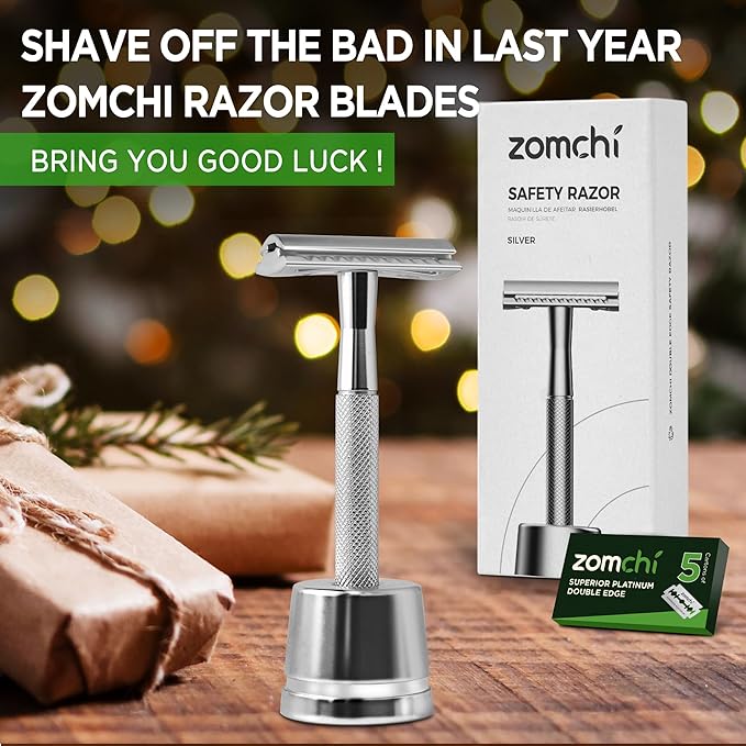 ZOMCHI Double Edge Safety Razor for Men with Stand, Reusable Metal Razor with 10 Double Edge Blades, Single Blade Razors for Men & Women – Silver