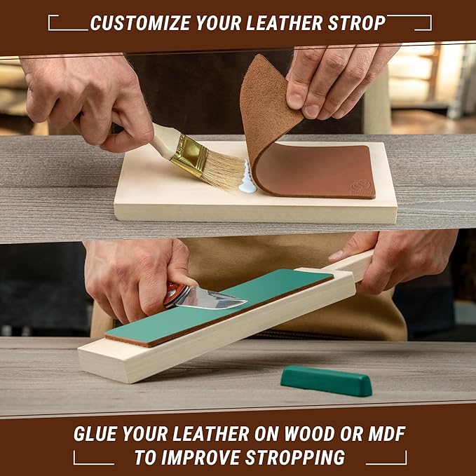 BeaverCraft Stropping Leather Strop for Knife Sharpening Strop LS2P1 - Knife Stropping Kit 3 x 8 IN - Knives Sharpener with Honing Strop Polishing Compound Set - Double Sided