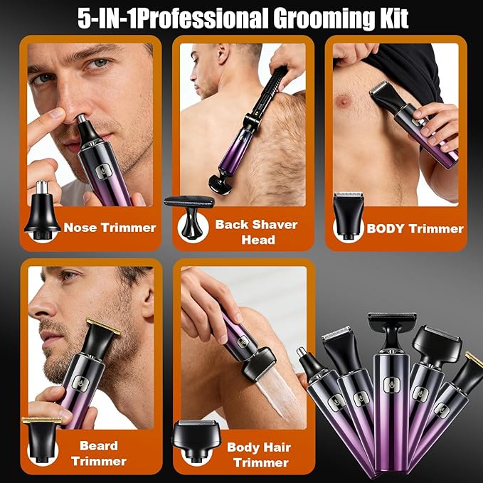 Electric Mens Back Shaver Body Trimmer Hair Groomer 5 in 1 Kit with Extendable Auxiliary Arm Waterproof Facial,Chin,Arm,Back,Pubic Hair Trimmer Grooming Set，Multi-Functional Back Trimmer for Men