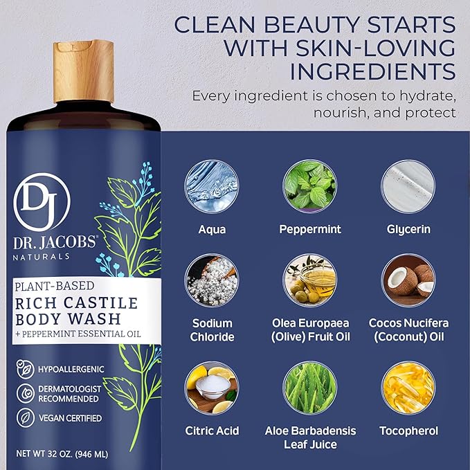 Dr. Jacobs Naturals Pure Castile Soap Liquid Body Wash, Peppermint - Plant Based Soap Infused with Vitamin E and Aloe Vera to Moisturize Dry and Sensitive Skin - Made in The USA - 32 oz, Pack of 1