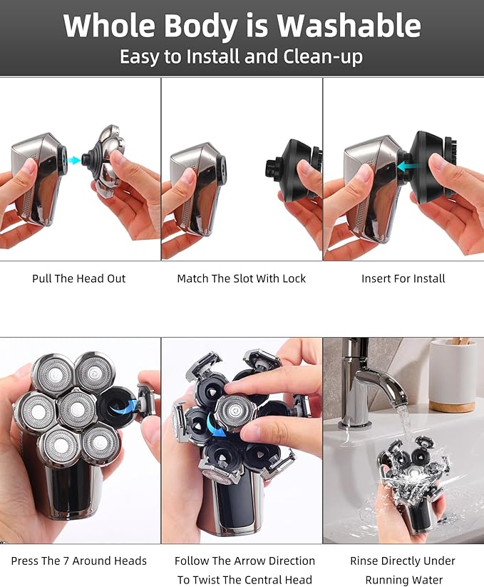 Head Shavers for Bald Men,7D Detachable Electric Bald Head Shaver,5-in-1 Dry Wet Bald Head Shavers for Men,IPX7 Waterproof Electric Razor for Men with Led Display,Fathers DayGifts, Silver