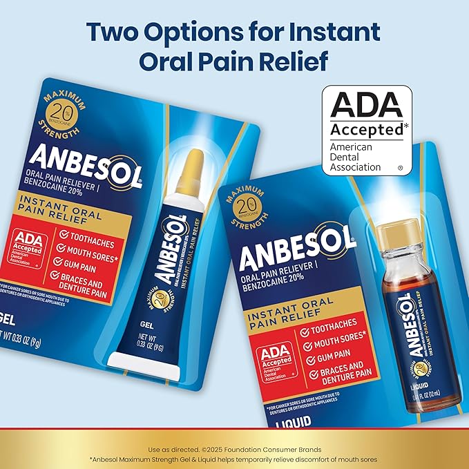 Anbesol Gel Maximum Strength - Instant Oral Pain Relief for Toothaches, Canker Sores, Sore Gums, Denture Pain - 0.33 oz