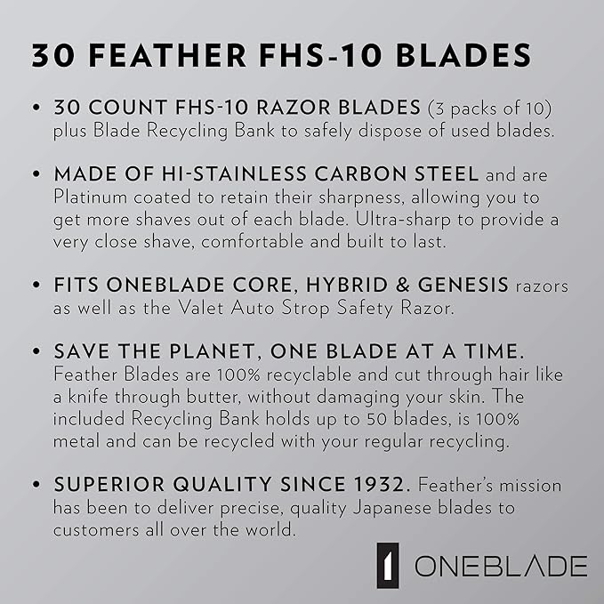 30 Feather FHS-10 Japanese Steel Razor Blades - Refill for OneBlade Core, Hybrid, & Genesis Razors - Single Blade Razor