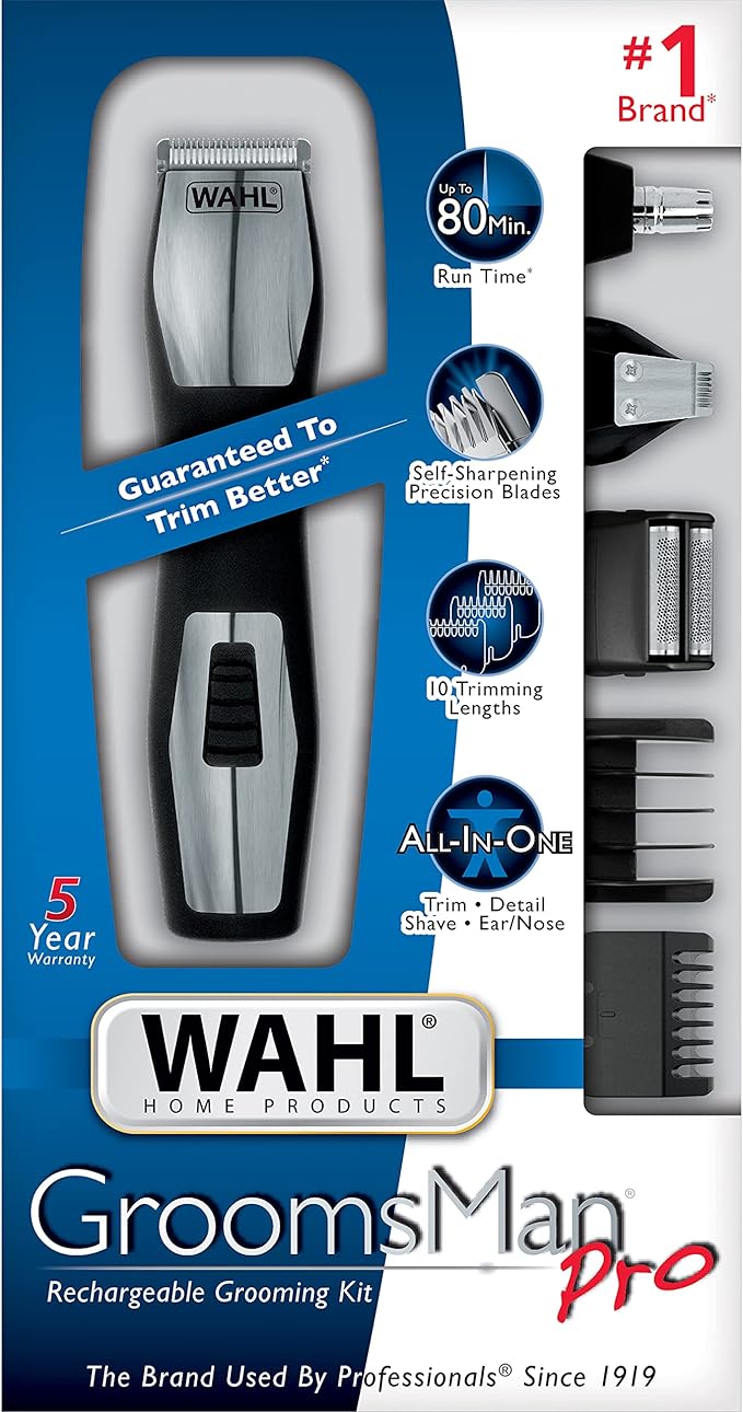 Wahl 9855-300 Groomsman Pro All-in-one Rechargeable Grooming Kit, Black/Silver