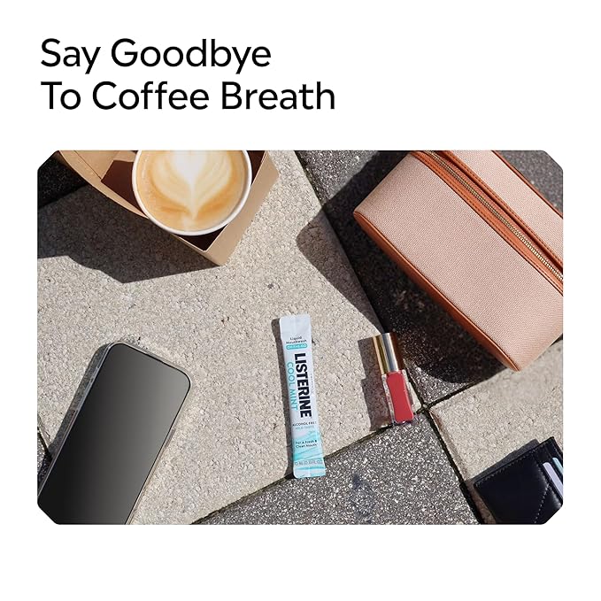 Listerine On-The-Go Cool Mint Alcohol Free Mouthwash Packets, Oral Rinse in Individual Packets Kills Bad Breath Germs, Less Intense Taste, Cool Mint Flavor, Mini Travel Size, 0.33 fl oz., 30 Pack