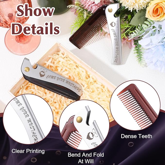 6 PCS Folding Beard Comb, Groomsmen Gifts for Men with Opener Portable Pocket Comb Proposal Gift Combs Hair Mustache Compact Flip Combs for Detangling Grooming Wedding Party