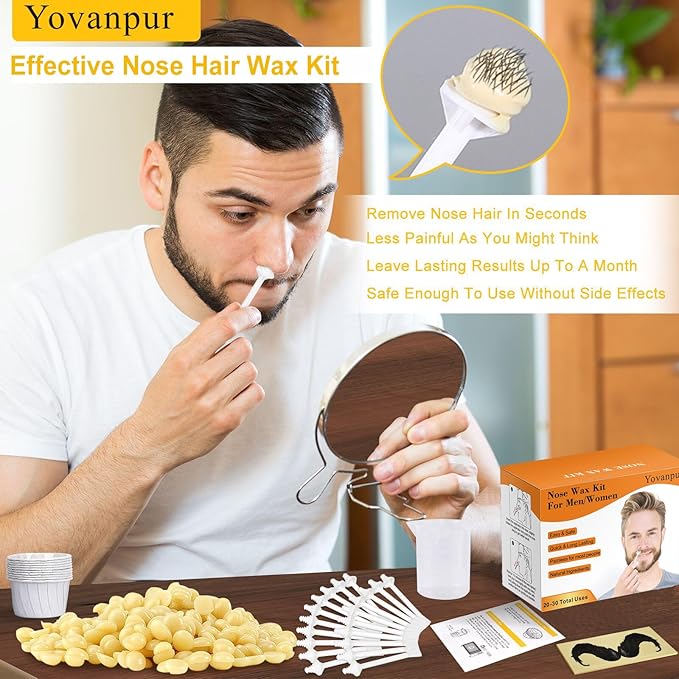 120g Nose Wax Kit for Men Women, Yovanpur Nose Hair Waxing Kit with More Nose Hair Wax Beads (20-30 USES), 30 Applicator, 15 Mustache Protector, 15 Paper Cups, 1 Measuring Cup - Easy and Quick