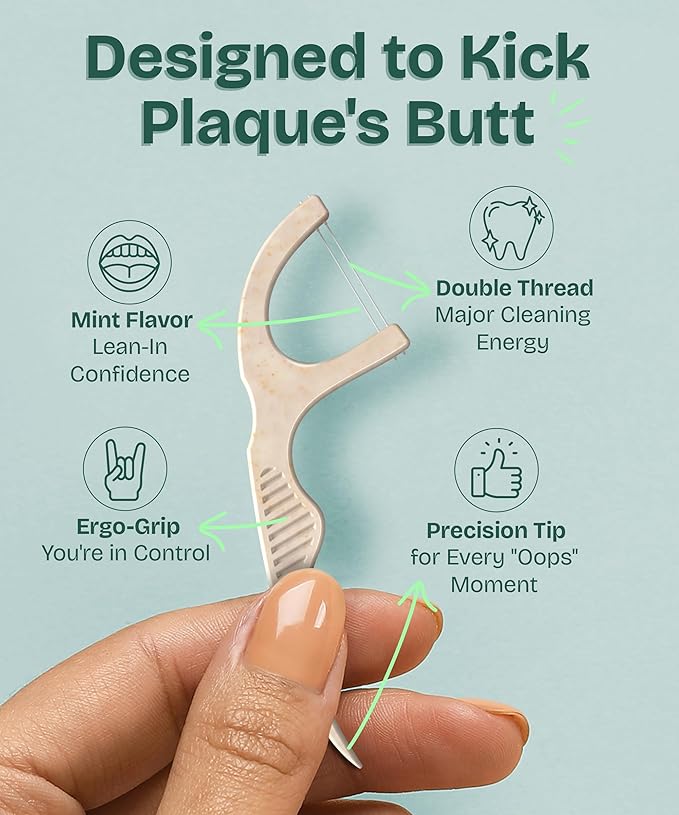 Dental Floss Picks for Teeth (200ct) - Double Thread Tooth Picks Flossers for Adults, Toothpicks Floss, Vegan Corn-Straw Handle, Shred-Resistant String, Interdental Oral Care & Gum Health, Unflavored