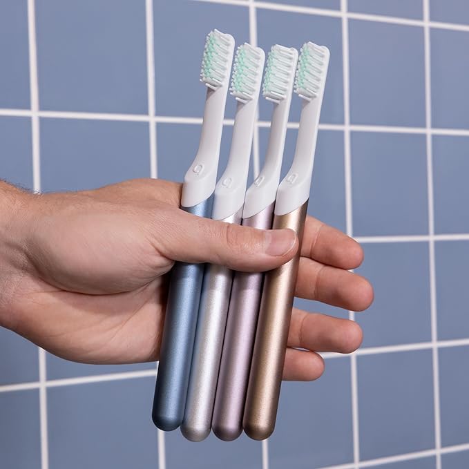 Quip Metal Sonic Electric Toothbrush for Adults - Time Travel & Soft Bristles with Travel Case & Replacement Brush Head - 3 Month Battery Life - Moonrise Champagne