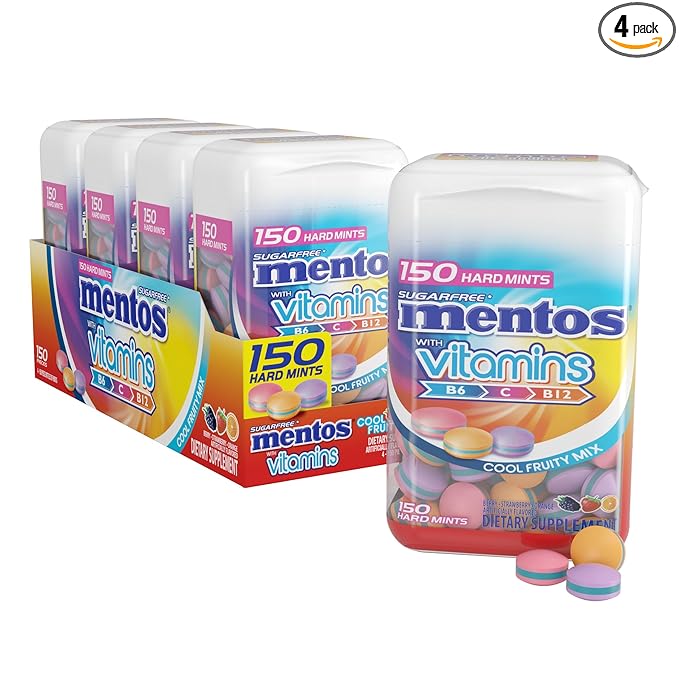 Mentos Vitamin Hard Mints, Cool Fruity Mix Flavor, Easter Candy, Easter Basket Essentials Stuffers for Kids and Adults, Sugar-Free, 150 Pieces (4-Pack)