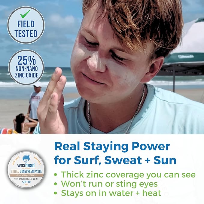 Waxhead Tinted Zinc Oxide Surf Sunscreen SPF 30 for Face, 4 Ingredient Reef Safe Zinc Paste, Waterproof Sunblock for Swimming, Sensitive Skin and Eczema, Tinted Scar and Tattoo Protection, 2oz Tin