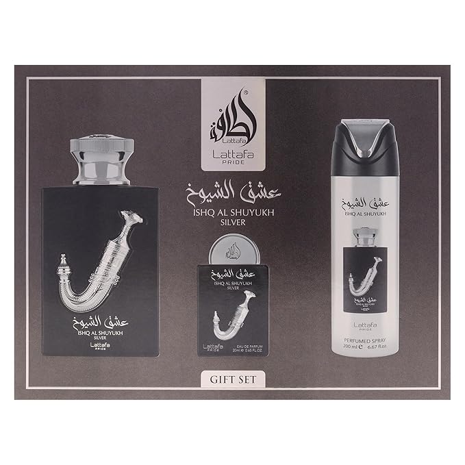 Lattafa Pride - Ishq Al Shuyukh Silver for Men - 3 Pc Gift Set 3.4oz EDP Spray, 6.67oz Perfumed Body Spray, 0.67oz EDP Spray